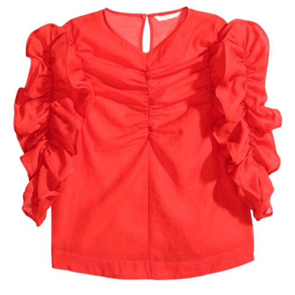 H&M Georgette Blouse Puffy Sleeves Sheer Red Top Never Worn